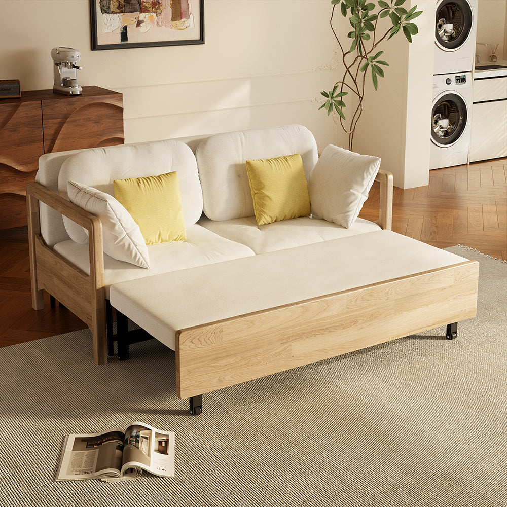 Modern fabric sofa bed with solid wood frame and hidden storage compartment