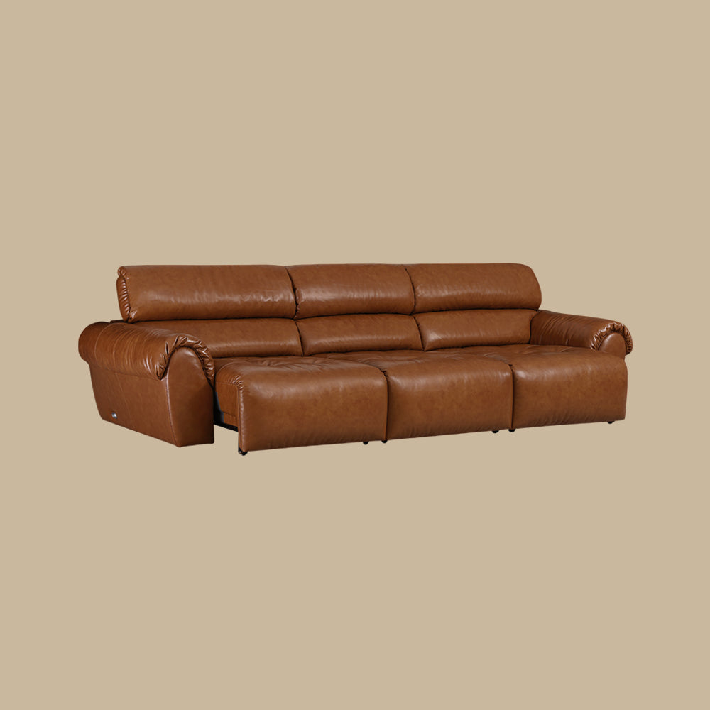 119.2'' Modern Genuine Leather Power Reclining Sofa Remote Control Adjustable Seats Brown Leather Couch