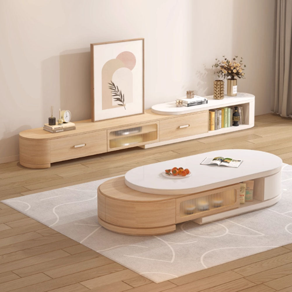 Modern Natural Wood & White Extendable Oval Coffee Table with Stone Top and Hidden