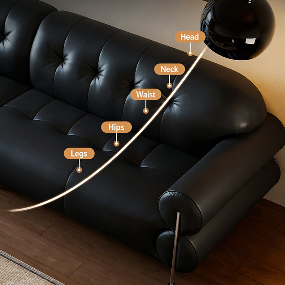 Modern Black Tufted Leather Sofa Minimalist Deep Seat Couch with Sculptural Armrests