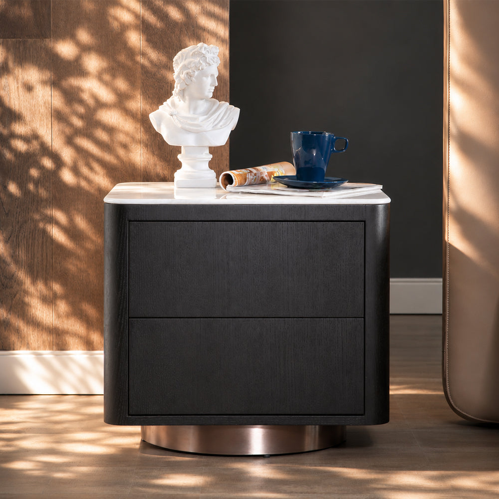 Modern Black Wood Nightstand with Faux Stone Top and Brushed Metal Base