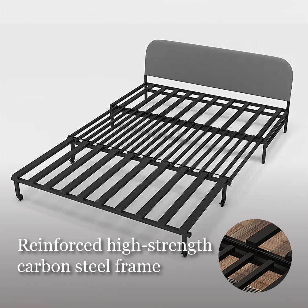 Detail of sofa bed’s sturdy frame and hidden storage mechanism