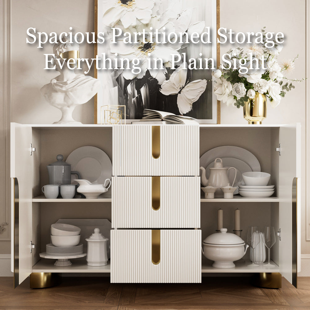 Sideboard Cabinet Modern Minimalist Ribbed Drawers Golden Base Marble Top Storage Unit