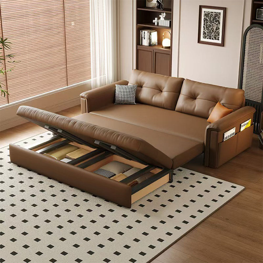 Modern Brown Faux Leather Sofa Bed with Storage Convertible Sleeper Couch