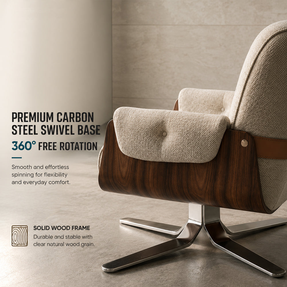 Cream Tufted Fabric Swivel Lounge Chair with Walnut Frame