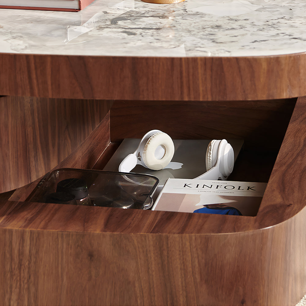 34.7'' Modern Solid Wood Coffee Table with Marble Top Hidden Storage Rounded Minimalist Design