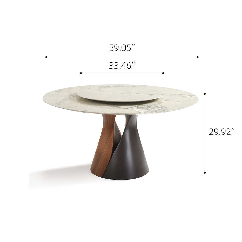 Modern Round Dining Table with Lazy Susan and Sculptural Pedestal Base