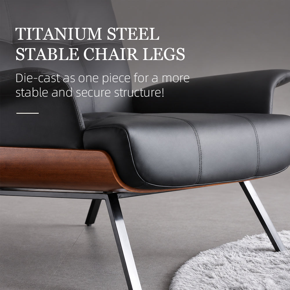 Contemporary Black Leather Lounge Chair with Warm Walnut Wood Details