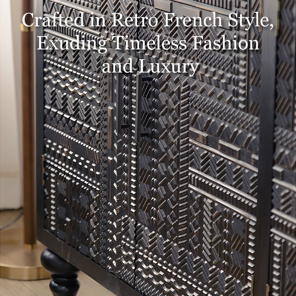 61.4'' Black Textured Sideboard Cabinet with Decorative Carved Doors
