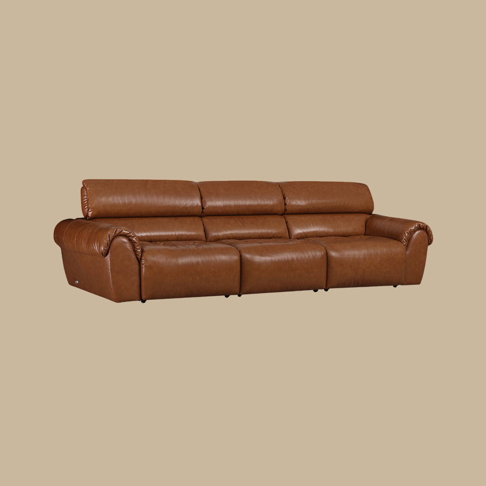 119.2'' Modern Genuine Leather Power Reclining Sofa Remote Control Adjustable Seats Brown Leather Couch