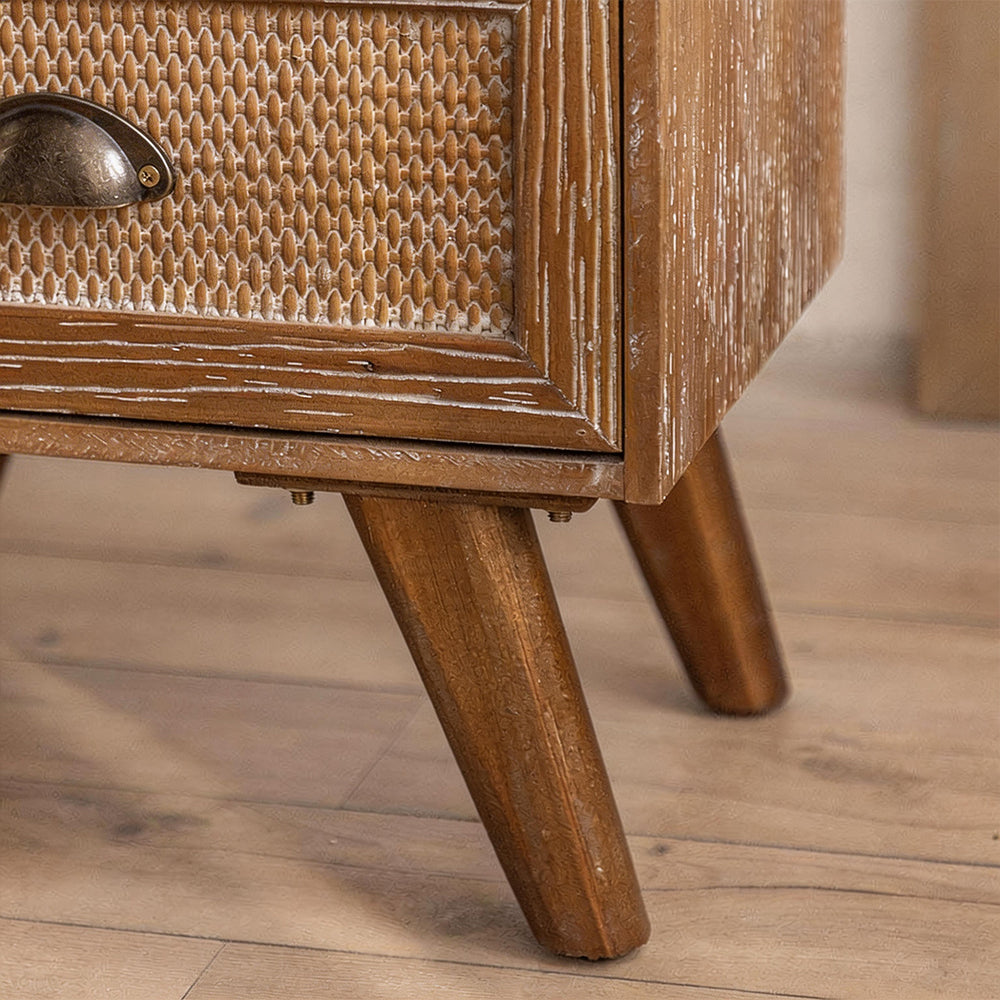 Vintage Distressed Wood Nightstand with Rattan Drawer Front Mid Century Bedside Table with Tapered Legs