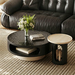 Load image into Gallery viewer, Modern Round Coffee Table Set with Textured Black Top and Open Storage Side Table
