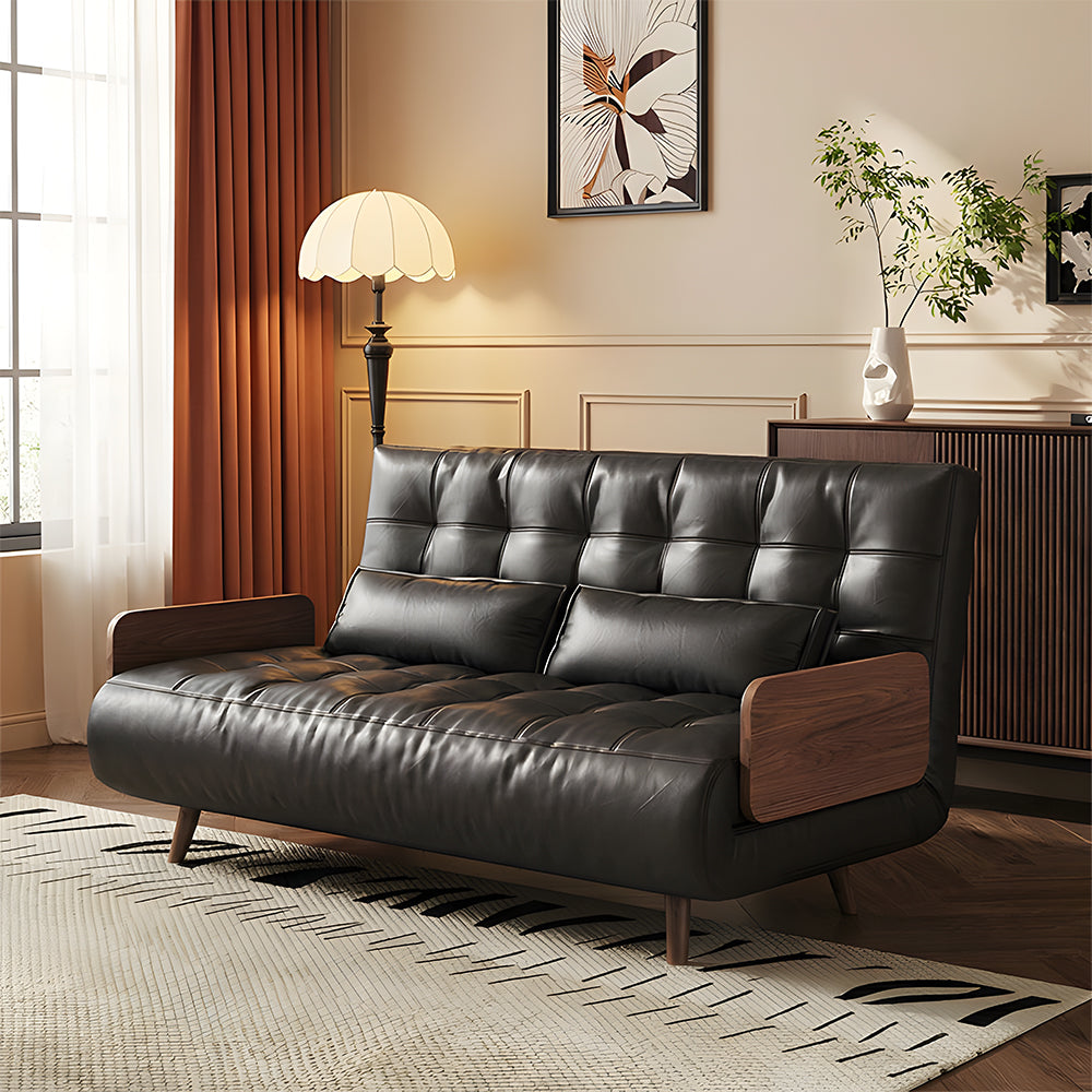 Modern Faux Leather Sofa Bed Convertible Sleeper Couch with Wood Armrests Tufted Design