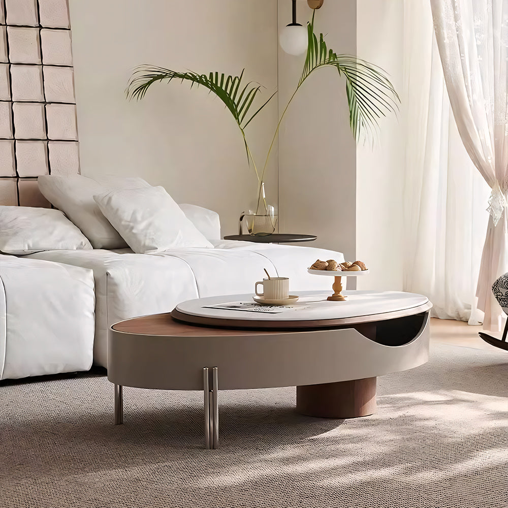 46.8'' Modern Lift-Top Coffee Table with Sintered Stone Top & Wood Base Sculptural Curved Design with Hidden Storage