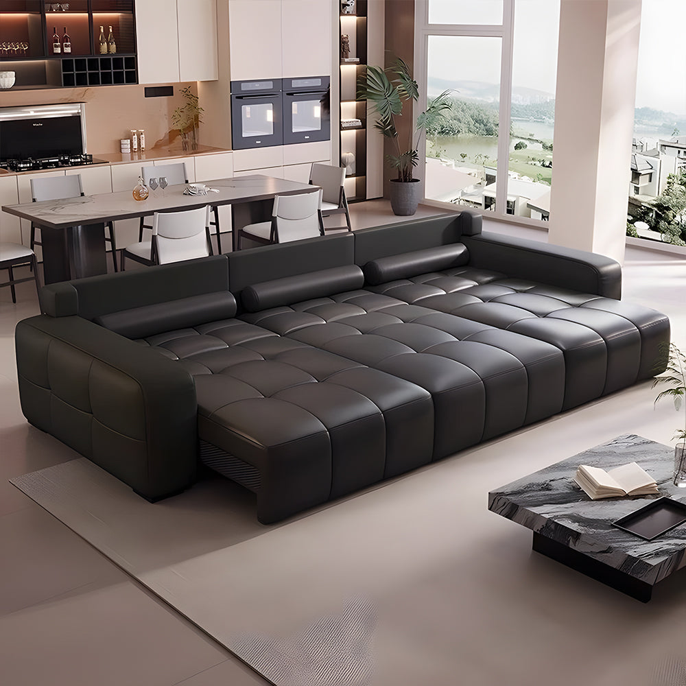130.7'' Modern Power Reclining Sectional Sofa Black Genuine Leather Deep Seat Electric Lounge Sofa with Chaise