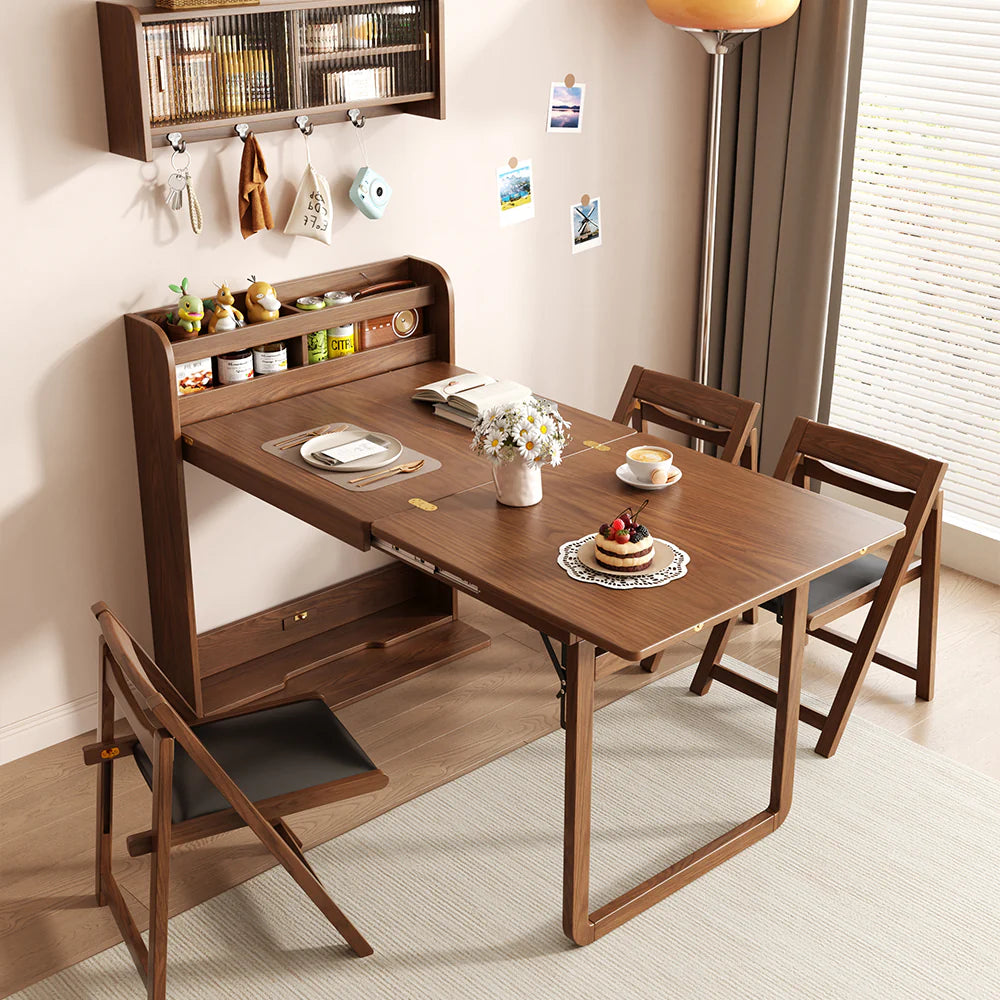 62" Wall-Side Murphy Foldable Dining Table with Integrated Shelf Storage