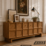 Load image into Gallery viewer, 62.99" Rustic Media Console with Circular Textured Doors and Concealed Storage and Cable Cutouts
