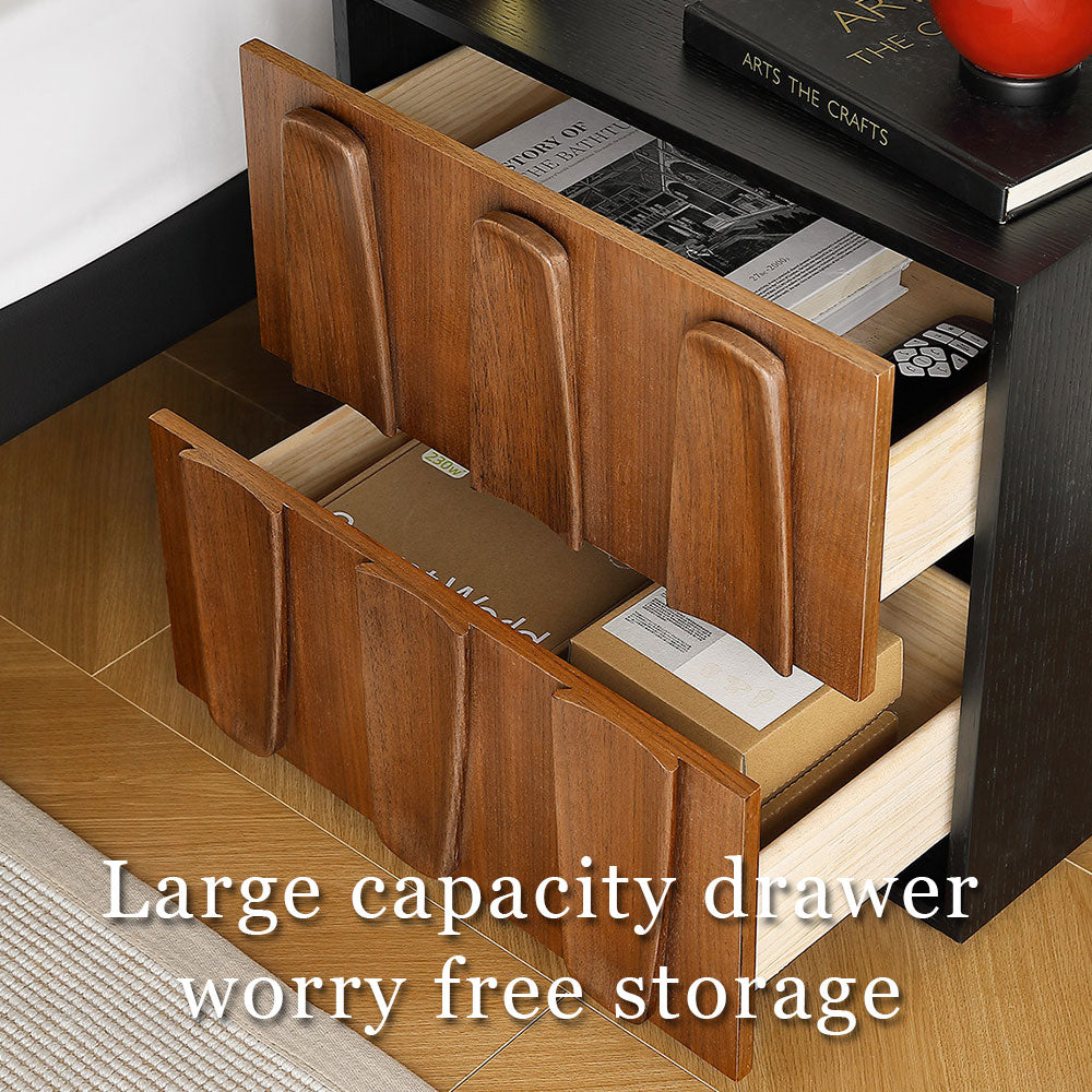 Modern Walnut Nightstand with Fluted Drawer Design Black Frame Wooden Bedside Table