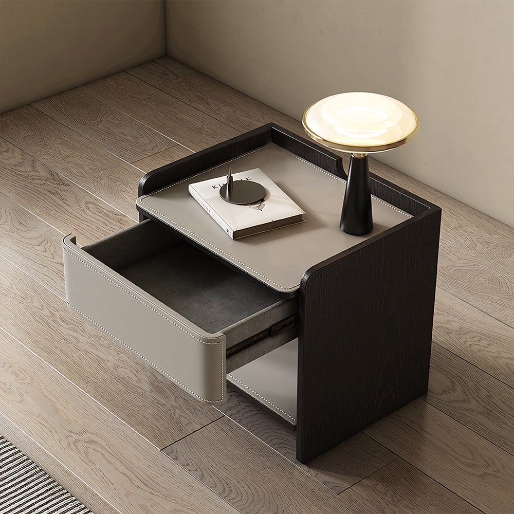 Modern Nightstand with Saddle Leather Finish Silent Drawer Rails