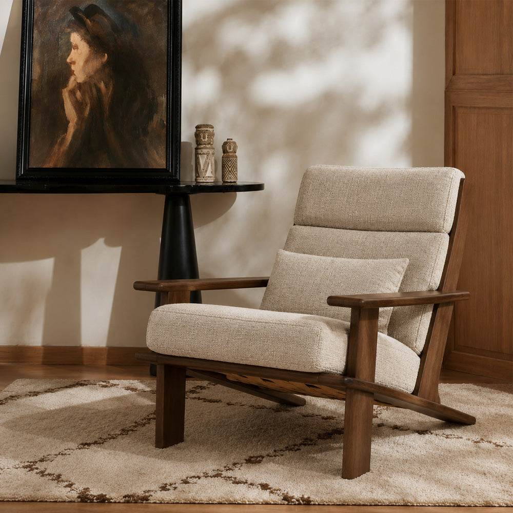 Relaxed Natural Wood & Beige Fabric Accent Chair for Sunrooms