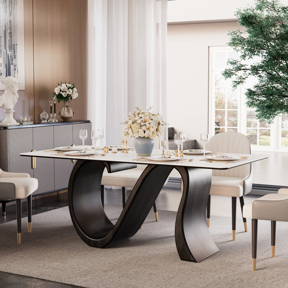 Modern Luxury Dining Set S-Shaped Walnut Base Marble-Effect Table × Gray & Gold Sideboard