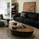 Load image into Gallery viewer, Modern Oval Wood Coffee Table with Glass Inlay Sculptural Layered Base
