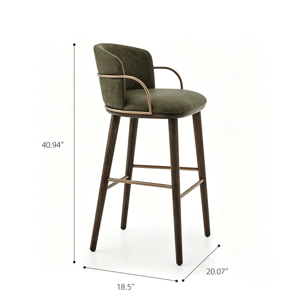 Modern Upholstered Bar Stool with Curved Backrest Gold Arm Detail Wooden Legs Counter Chair 1 Piece