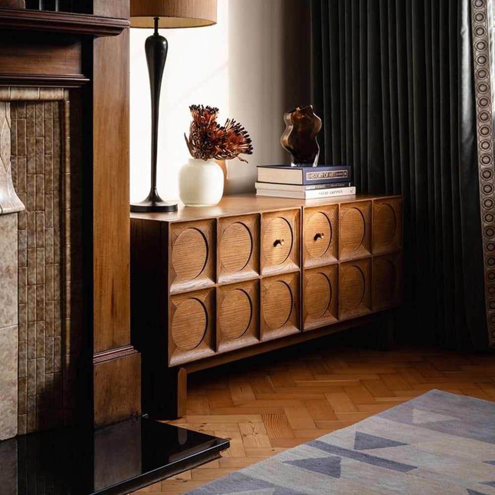 62.99" Rustic Media Console with Circular Textured Doors and Concealed Storage and Cable Cutouts