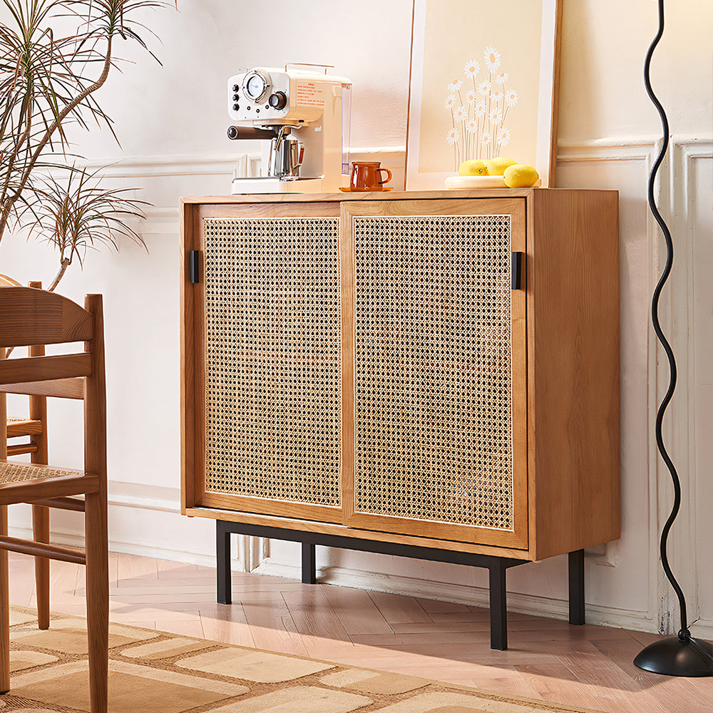39" Modern Rattan Sideboard 2-Door Natural Wood Buffet Cabinet with Metal Legs