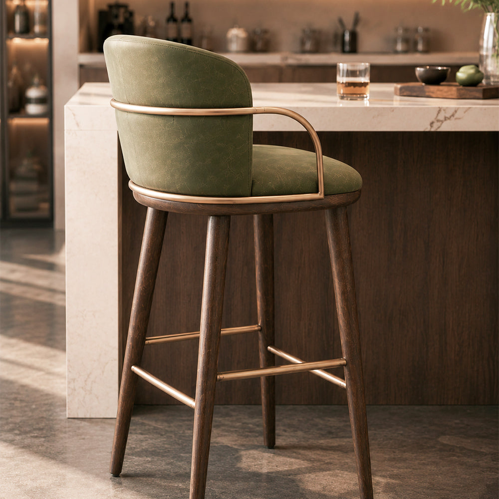 Modern Upholstered Bar Stool with Curved Backrest Gold Arm Detail Wooden Legs Counter Chair 1 Piece