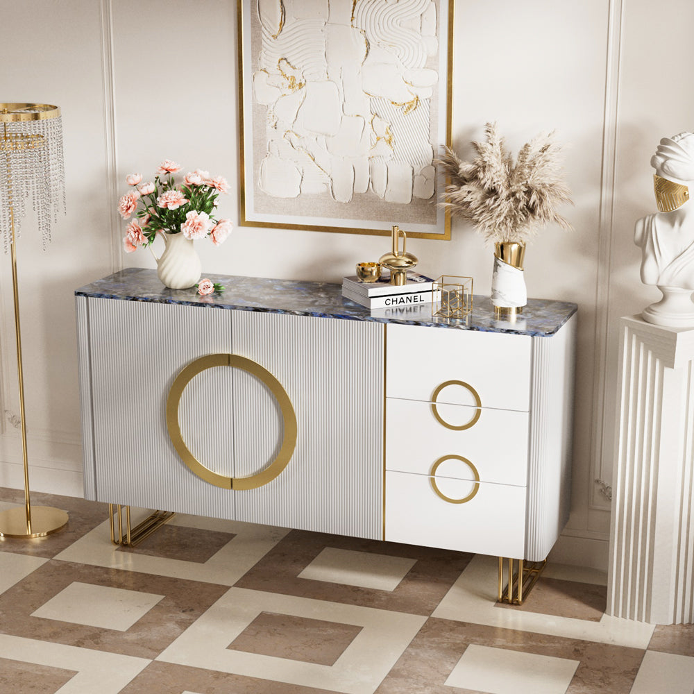 62.4" Sleek Modern White and Gold Buffet Cabinet with Circular Accents