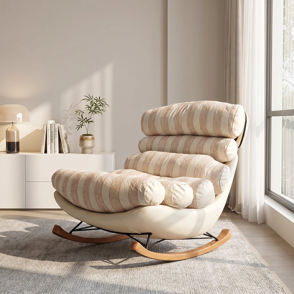 Modern Striped Rocking Lounge Chair with Plush Cushion and Solid Wood Rockers