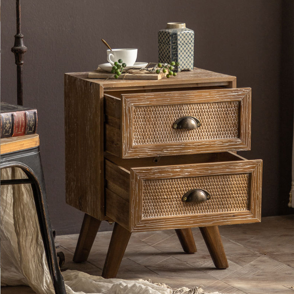 Vintage Distressed Wood Nightstand with Rattan Drawer Front Mid Century Bedside Table with Tapered Legs