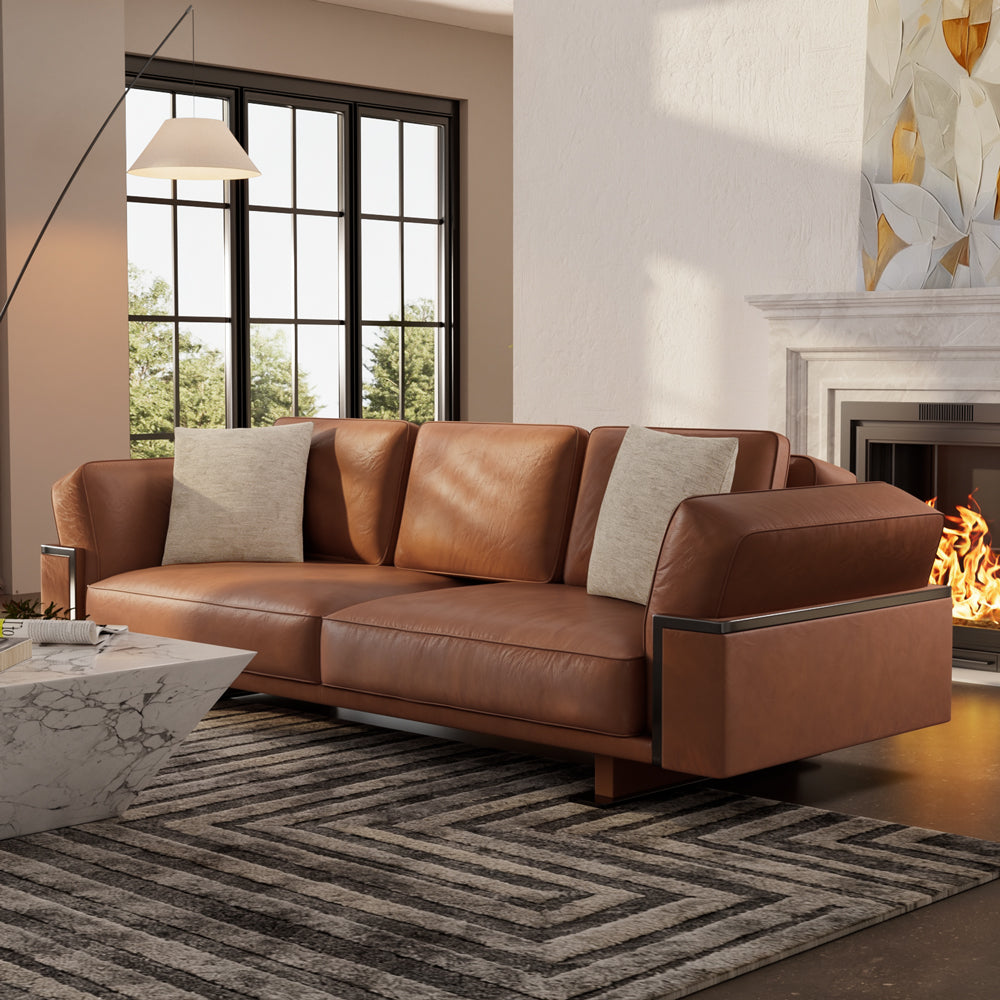 110" Modern 4-Seater Leather Sofa Luxury Comfort with High-Density Foam Solid Wood Frame & Brushed Stainless-Steel Accents