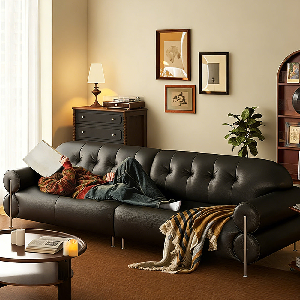 Modern Black Tufted Leather Sofa Minimalist Deep Seat Couch with Sculptural Armrests