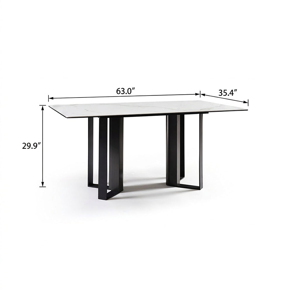 Modern White Sintered Stone Dining Table with Black Geometric Carbon Steel Base