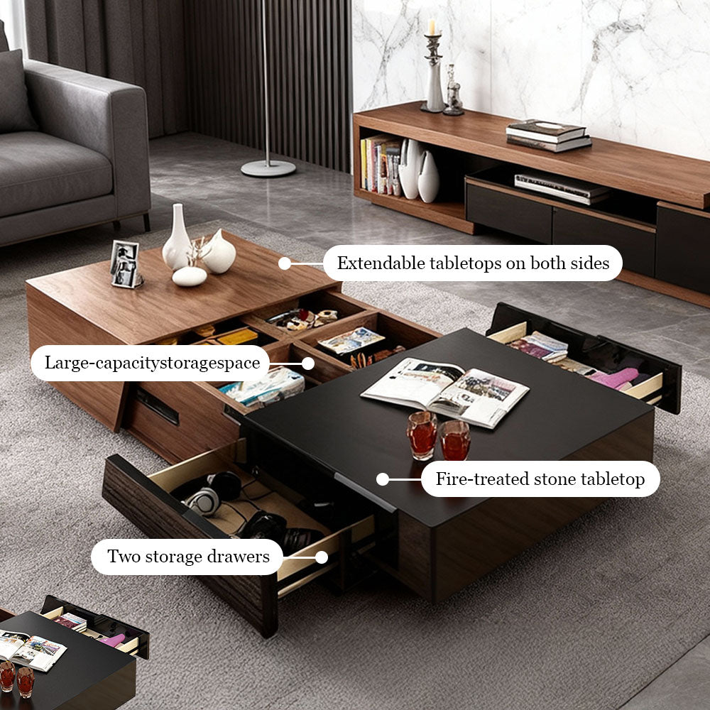 Modern Walnut & Black Extendable Coffee Table Expandable Design with Large-Capacity Storage