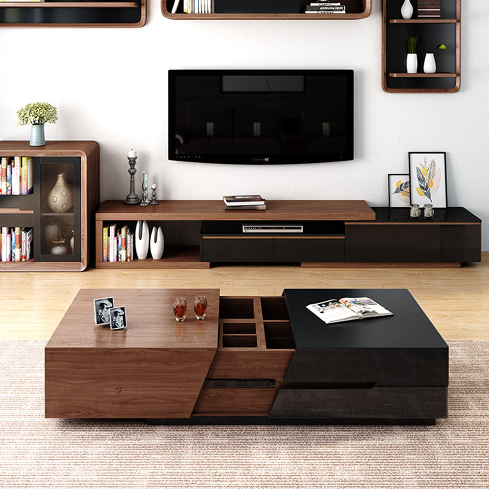 Modern Walnut & Black Extendable Coffee Table Expandable Design with Large-Capacity Storage