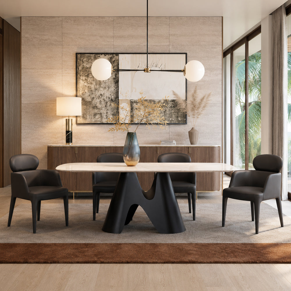 Sculptural Carbon Steel Base Calcined Grey Stone Oval Dining Table