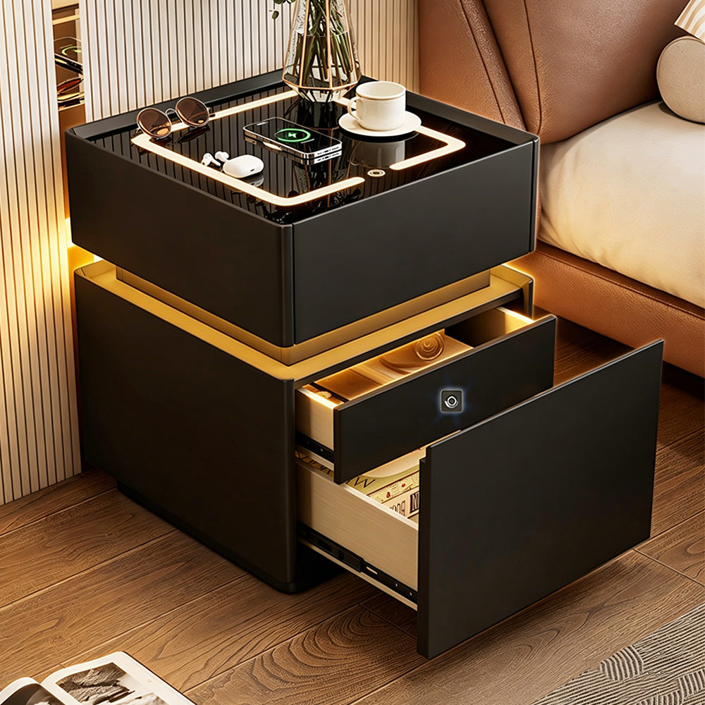 Modern LED Nightstand with Glass Top 2 Drawers Smart Bedside Table High Gloss White Design