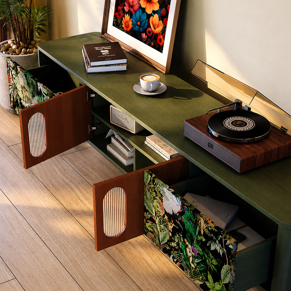 82.6" Jungle Print Mid Century Wood TV Stand