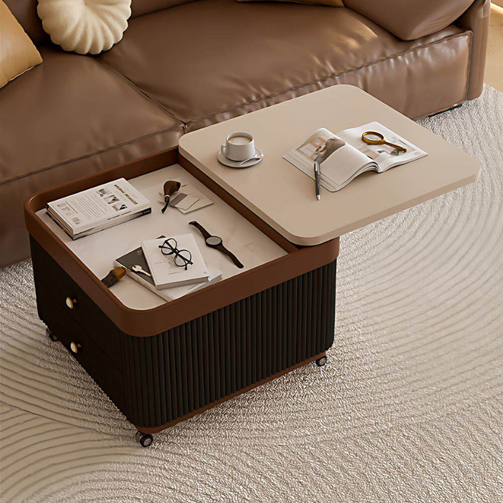 Modern Rolling Side Table with Hidden Storage Drawers and Sliding Top Design