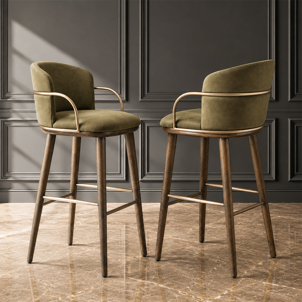 Modern Upholstered Bar Stool with Curved Backrest Gold Arm Detail Wooden Legs Counter Chair 1 Piece