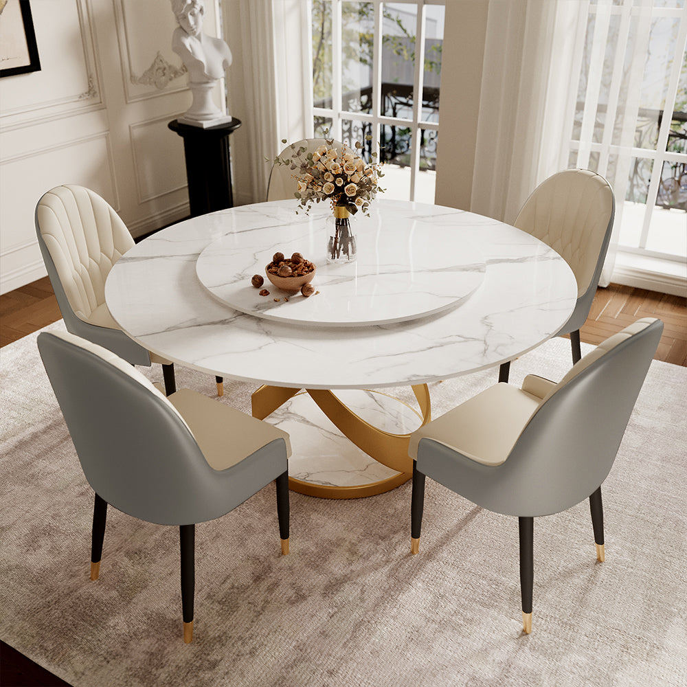 Round Dining Table Lazy Susan Marble Effect X Metal Base Perfect for 4-6 People