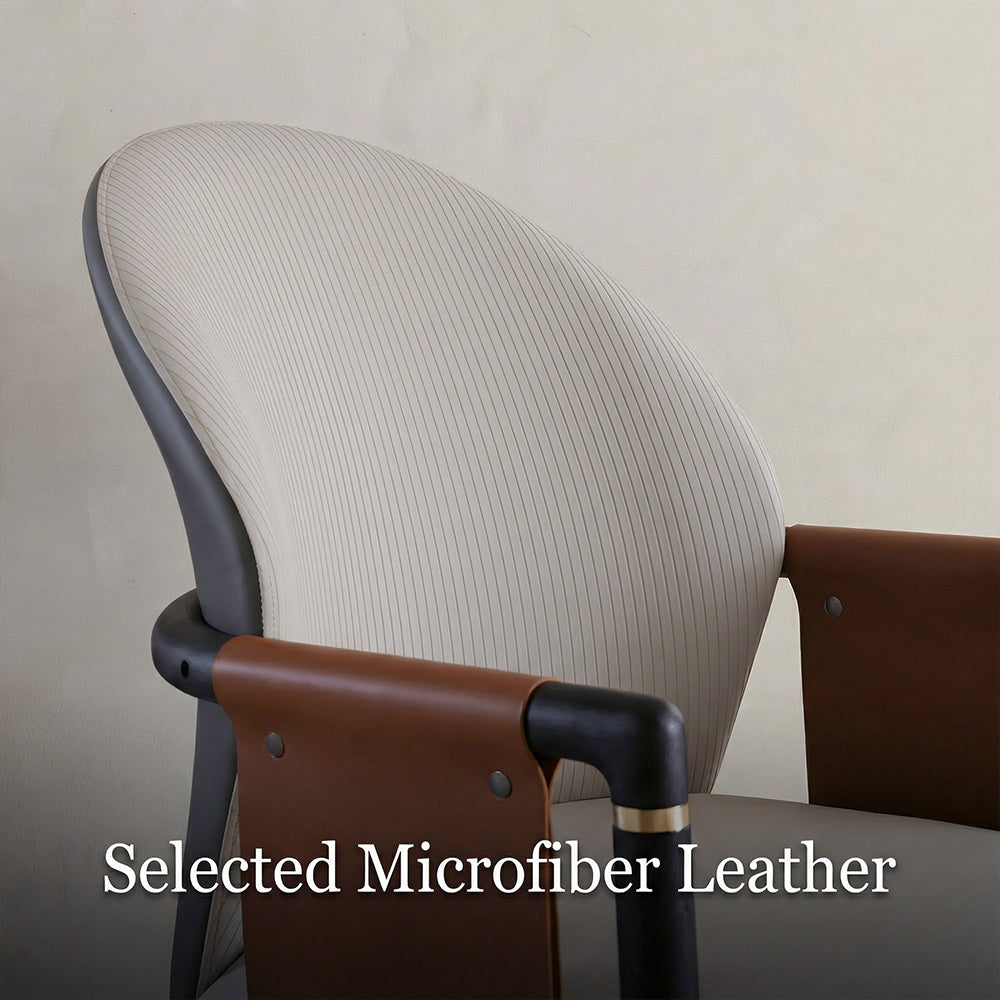 Modern Upholstered Dining Chair Set of 2 Curved Back Accent Chair with Faux Leather Armrests and Ash Wood Legs
