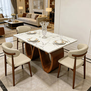 Modern Sintered Stone Dining Table with Sculptural Solid Wood Base Kitchen Table for 6