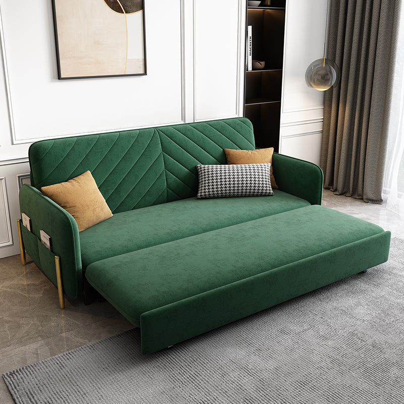 Sofa bed with thick padded cushions providing comfortable seating and sleeping