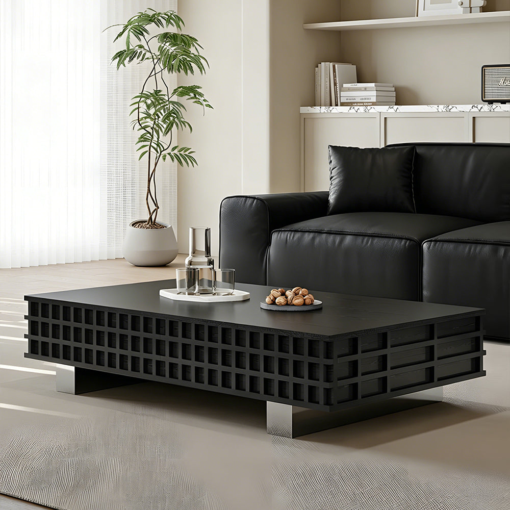 55.1" Modern Black Coffee Table with Storage Drawers Wooden Center Table Minimalist Living Room Furniture