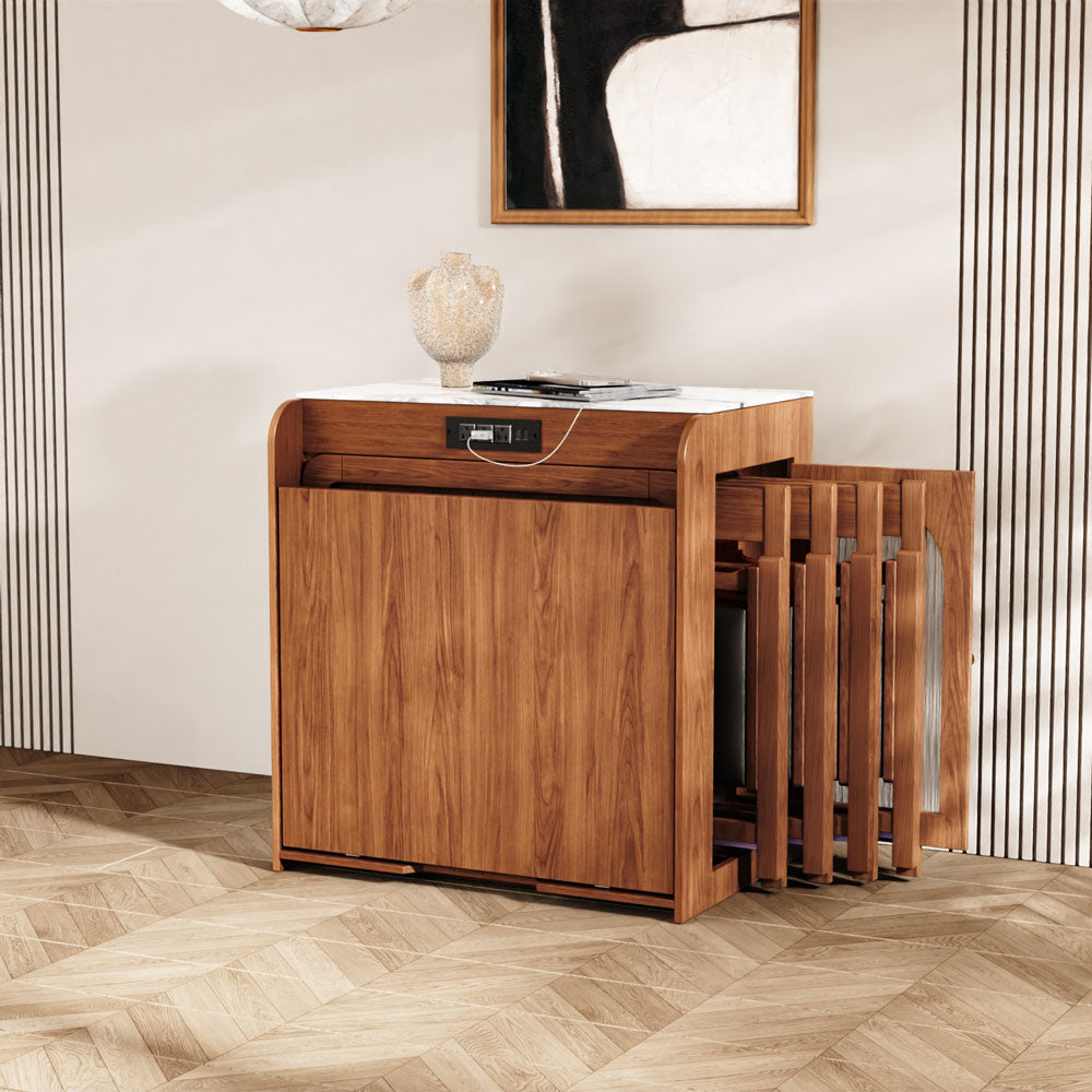 Wooden cabinet table with white countertop in a room with a painting on the wall.