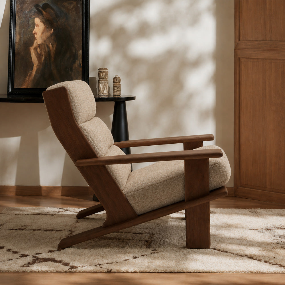 Relaxed Natural Wood & Beige Fabric Accent Chair for Sunrooms